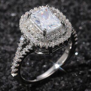💥DOUBLE LAYER 14K WHITE GOLD RADIANT CUT PURE CZ LUXURY WEDDING RING, K856